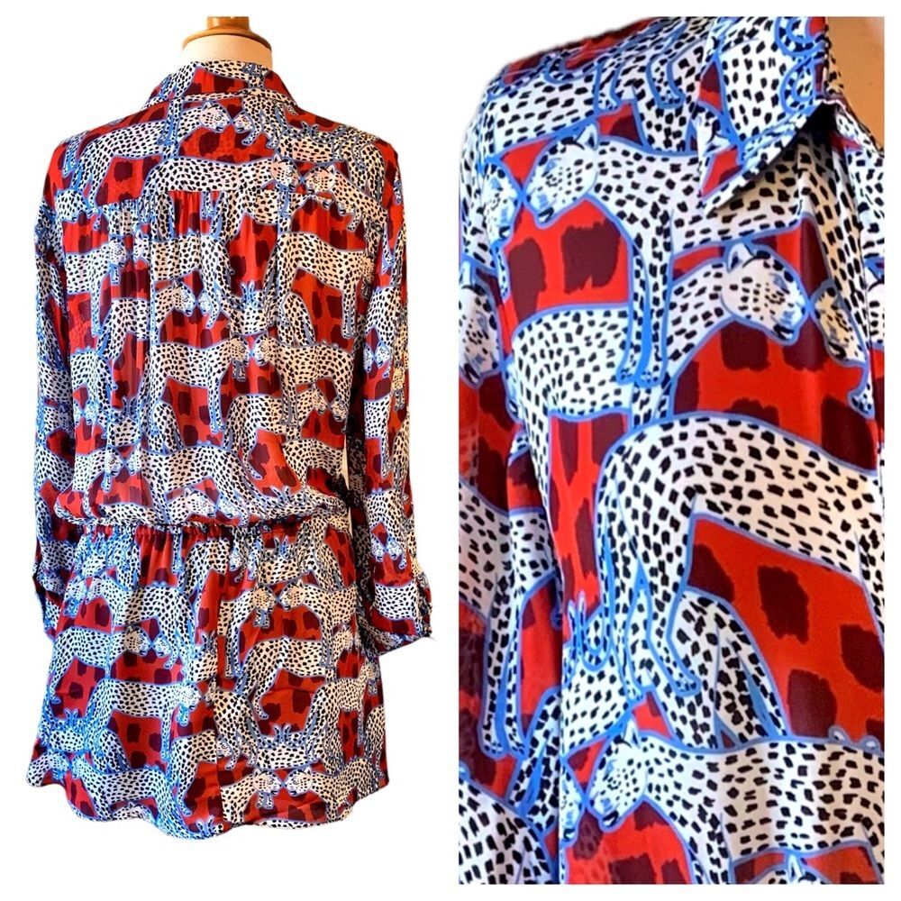 PARKER Silk Leopard Anamalia Print Blouson Mini Dress with Pockets - Size 14 - Picture 9 of 11